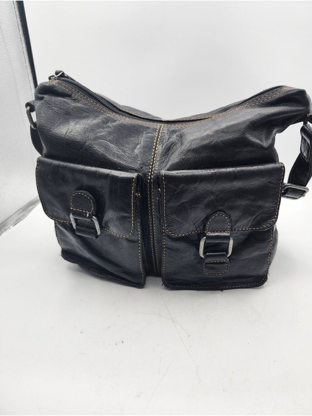Jack George Black Leather Crossbody Bag with Dual Front Pockets